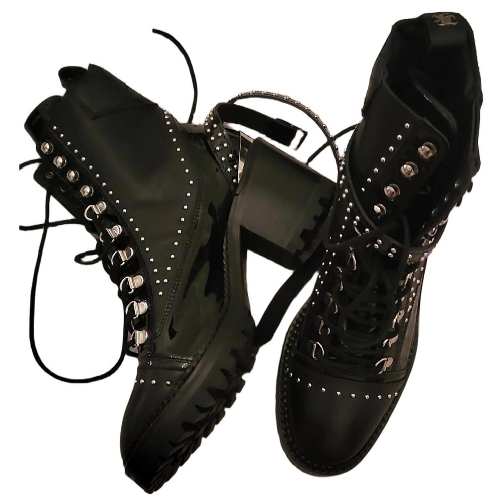 The Kooples Black Patent Leather Combat Moto Boots with Studded Detailing